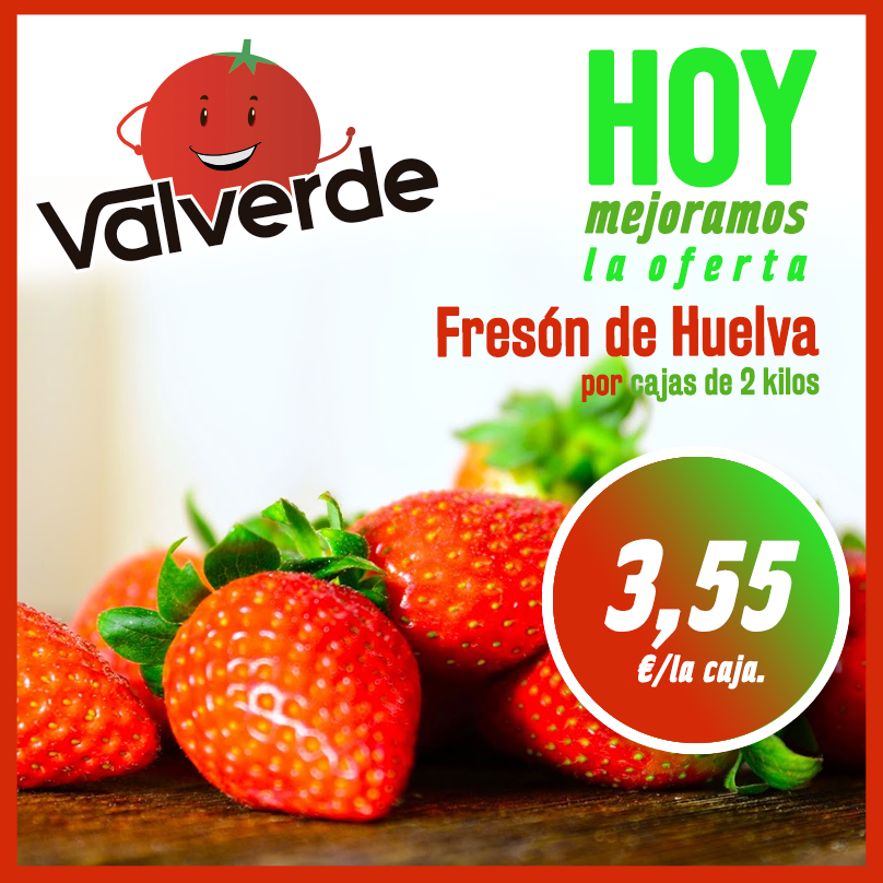 frutasvalverde's tweet photo. #Buenosdías
Hoy mejoramos la #OFERTA
Fresón de Huelva (por cajas de 2 kilos)
🍓🍓a 3,55 €/caja🍓🍓
#FrutasValverde
#FrutiOfertas https://t.co/48QYHLOe2s