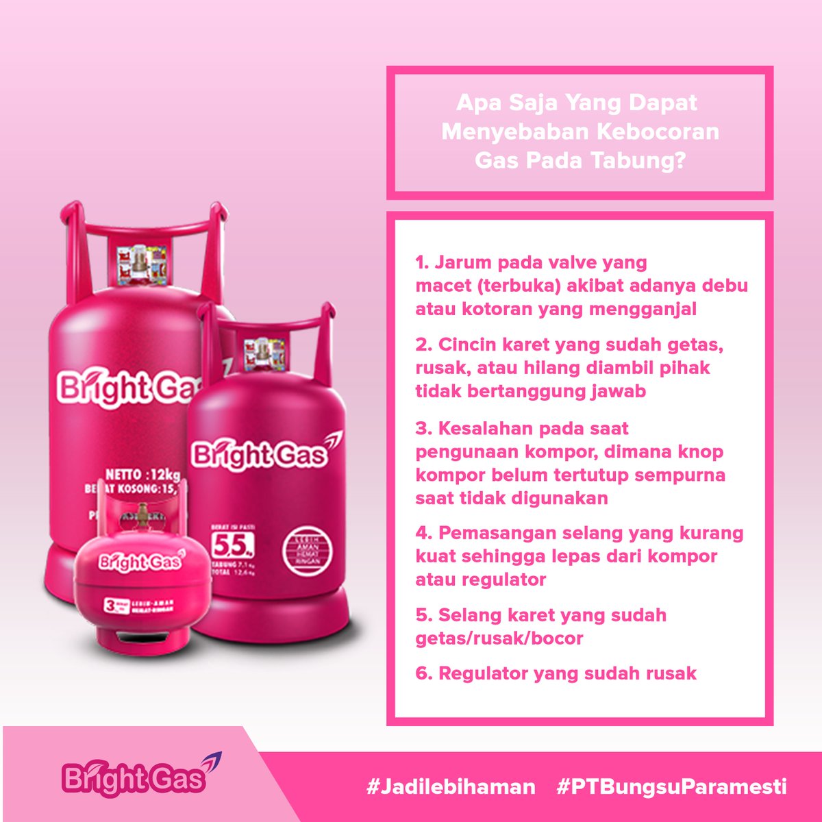 BungsuParamesti's tweet photo. Bunda, perlu diingat bahwa kebocoran gas LPG dapat dirasakan lho. Yuk simak info dibawah ini agar kamu lebih waspasa dan tetap aman dalam  memasak.

#ptbungsuparamesti #brightgas #jadilebihaman #pertamina #elpiji #mor3lyfe #jakarta #jktinfo https://t.co/CexXKv8BD2