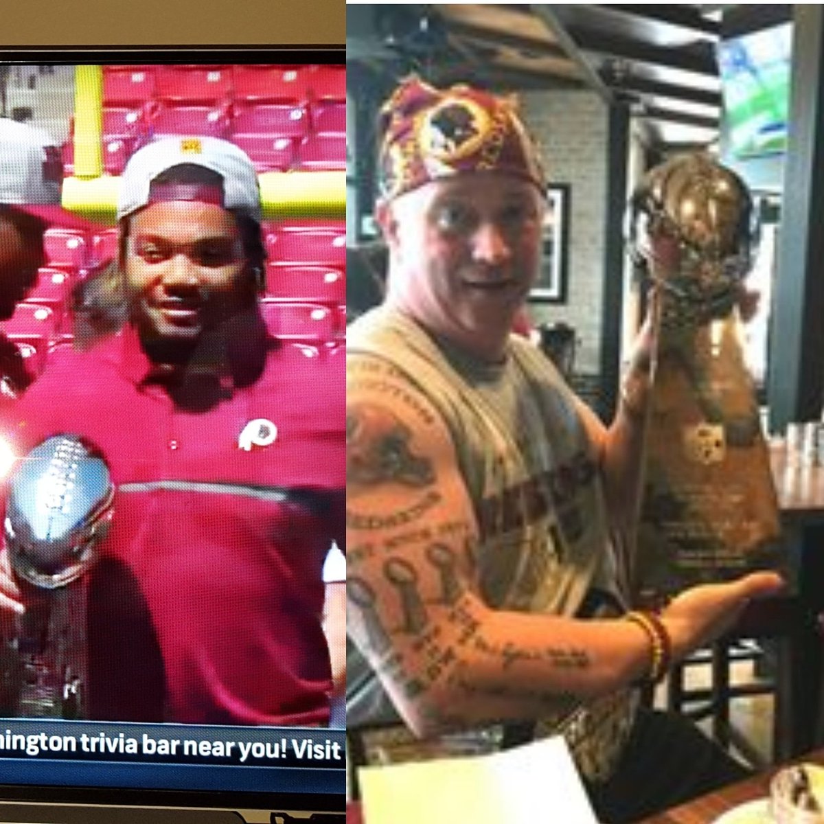 KJMcCarthyJr's tweet photo. @DhaSickest #GuICE Is hold'n my Washington Redskins (replica) #SuperBowlTrophy 

#NFL100Contest
@nfl 
aka #BIGGESTRedskinFanInHistory
aka #RedskinsTattooGuy
#HTTR
#HTTR4LIFE
#HAILYEAH https://t.co/fyTM3cETLF