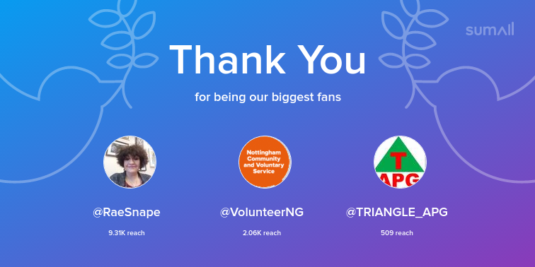 Our biggest fans this week: <a href="/RaeSnape/">18 Years A Head - NPQEL🦩📚 🌈 🏳️‍⚧️🇵🇸(she/her)</a>, <a href="/VolunteerNG/">Ilovetovolunteer.co</a>, <a href="/TRIANGLE_APG/">Triangle APG</a>. Thank you! via sumall.com/thankyou?utm_s…