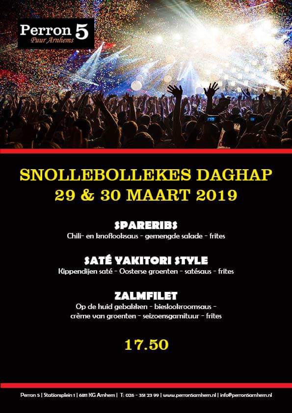 Vanavond en morgen barst het feest los in het <a href="/GelreDome/">GelreDome</a> 🍻 Wil je nog een hapje eten voor het concert?  Ons restaurant <a href="/Perron5Arnhem/">Perron5 Arnhem</a> serveert een speciale #snollebollekes daghap 🍽 #snollebollekesliveinconcert #ikziezelinksikziezerechts 👀