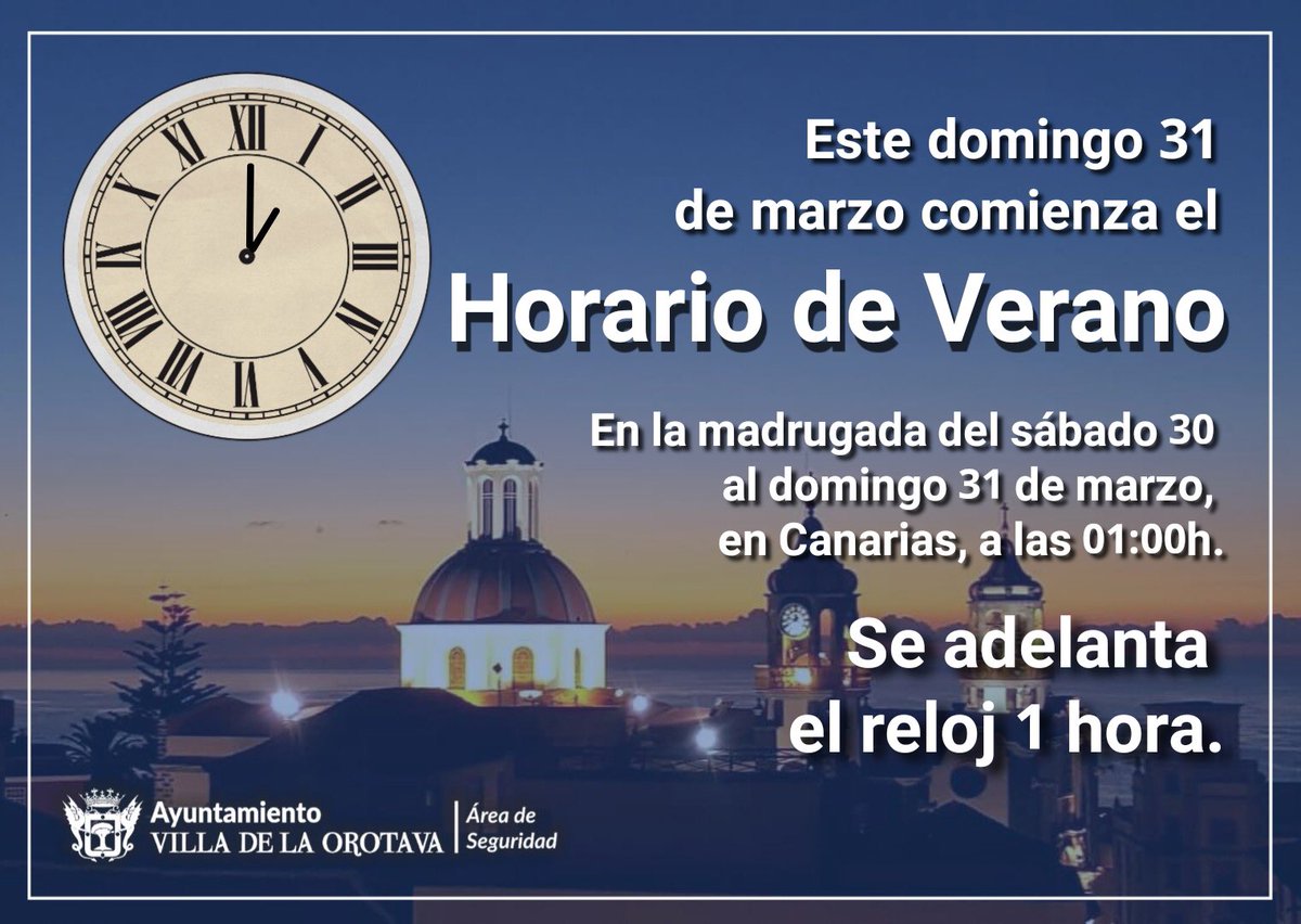 EvaFarinaL's tweet photo. Este fin de semana llega el Horario de Verano. En la madrugada del sábado al domingo, se adelanta el reloj una hora.

En #Canarias, la normativa establece que el cambio se realiza a la 1 de la madrugada. https://t.co/DXdC5bwhEf