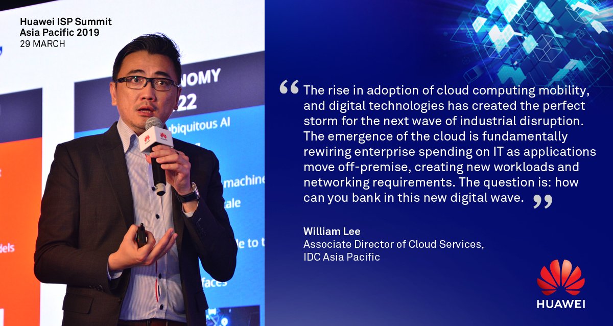 HuaweiEnt's tweet photo. William Lee, Associate Director of Cloud Services, @IDCAP, shared technology mega trends &amp; the #ISP market landscape in APAC. He also explained the opportunities a digital transformation platform provides in development &amp; delivery. https://t.co/BiQ2ih9Cb2 #ISPsummit2019 https://t.co/KgFUS38b3z