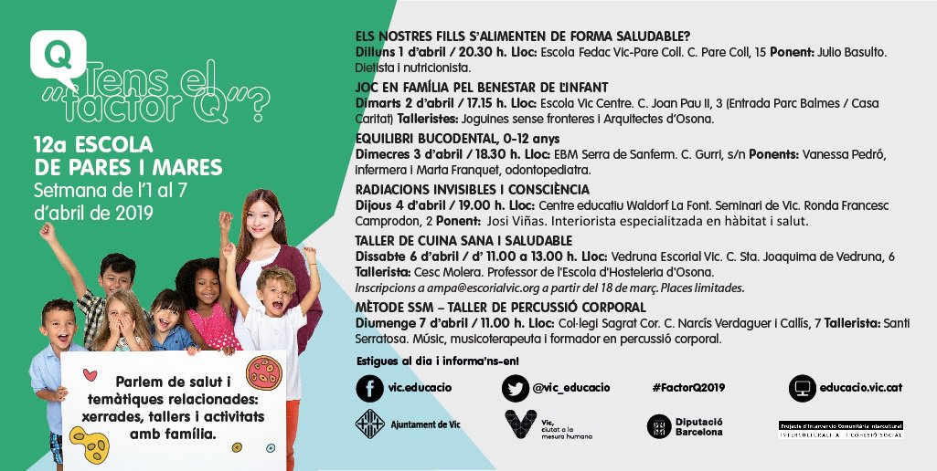 vic_educacio's tweet photo. 📣Dilluns arriba l'abril i també comença una nova setmana amb una programació #FactorQ2019 Molt interessant!
Aquí us deixem tota la programació! https://t.co/7NIqLF5HZz