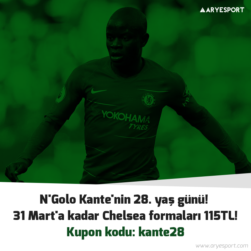 AryeSport's tweet photo. N'Golo Kante'nin 28. yaş günü! 31 Mart'a kadar Chelsea formaları 115tl!

Kupon kodu: kante2018 https://t.co/vcpAvMJQjc
