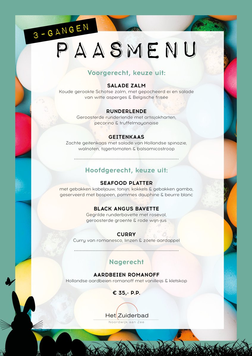 ★★ PASEN AAN ZEE ★★ 

Heb jij al plannen met de Pasen? Kom ‘s ochtends genieten van ons speciale 3-gangen Paasontbijt menu.

Kom jij liever lunchen of dineren? Ook daar heeft onze keukenbrigade een mooi 3-gangen menu voor samengesteld! 🐣☀🥖🥚

Reserveren is gewenst!