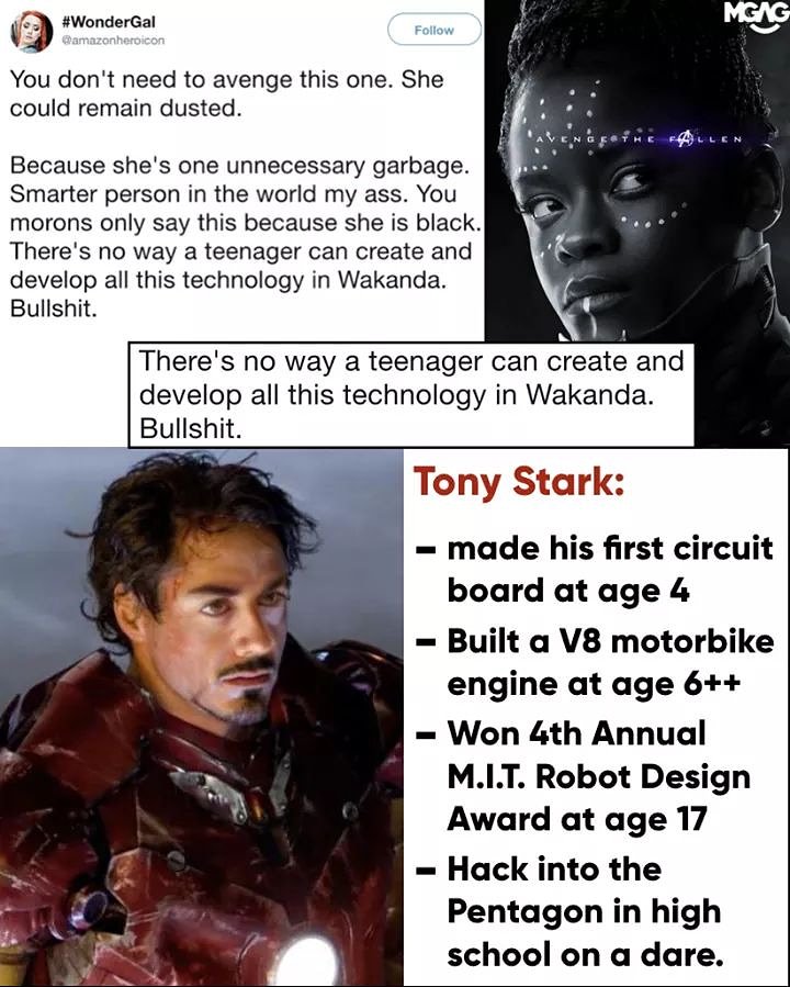 My_MGAG's tweet photo. So you're saying it's possible for Tony Stark to be that smart in a normal world, but not possible for Shuri to be intelligent in a world as high tech as Wakanda... https://t.co/ZUyAkdq2dS