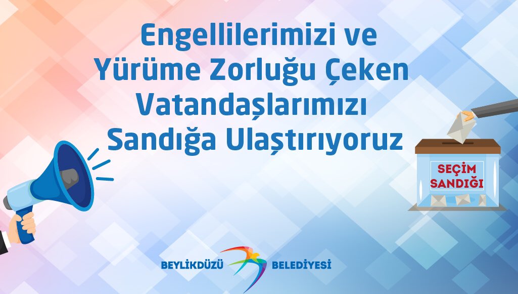Engellilerimizi ve yürüme zorluğu çeken vatandaşlarımızı sandığa ulaştırıyoruz. Bilgi ve kayıt için 4440939 Çağrı Merkezi 2321 dahiliden Sağlık İşleri Müdürlüğümüzle iletişime geçebilirsiniz.