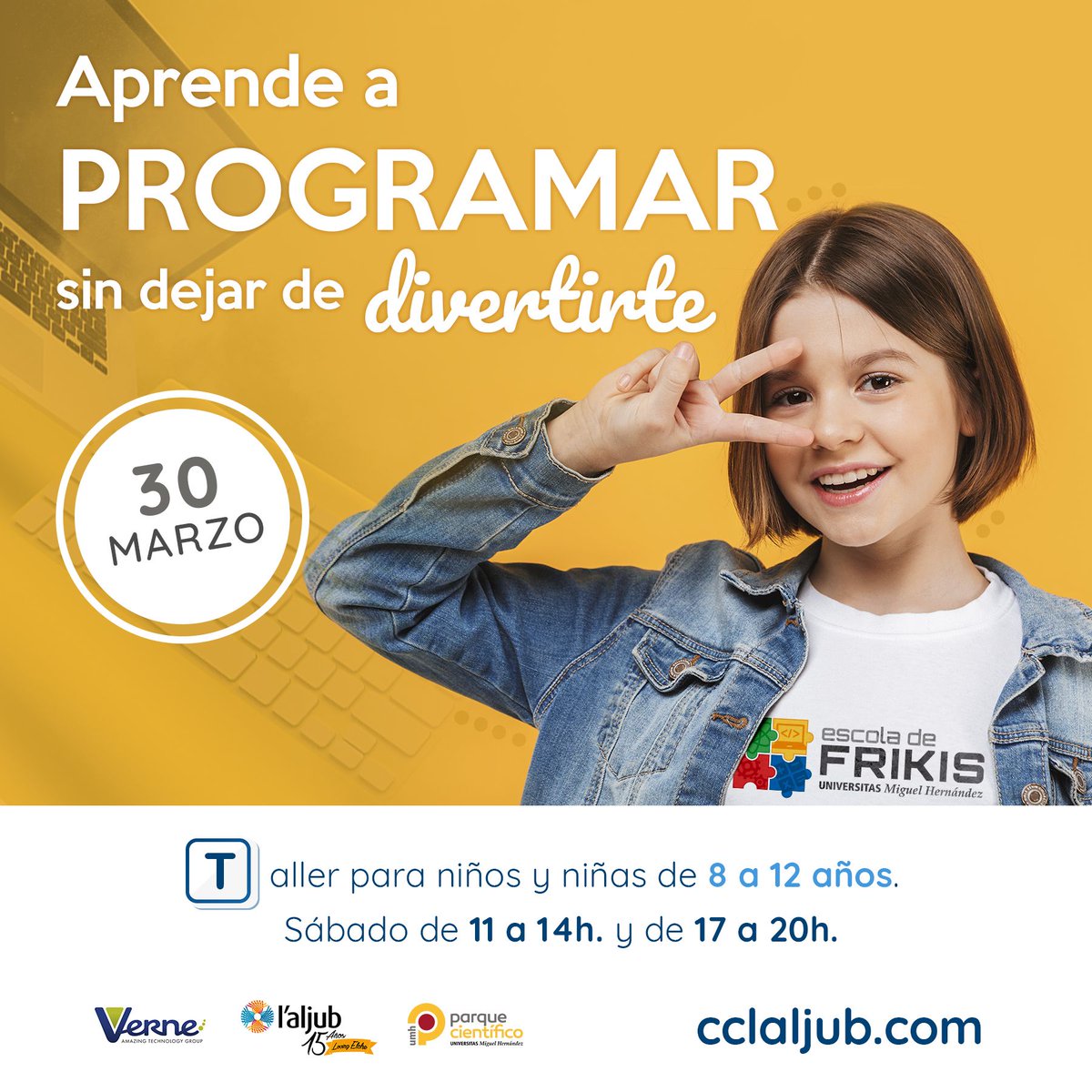 laljub's tweet photo. ¡Recuerda que mañana comienzan en el espacio frente Kiabi los talleres para programar videojuegos #EscolaDeFrikis 🕹 en colaboración con el @PcientificoUMH de #Elche! Si tus peques tienen entre 8 y 12 años aún pueden conseguir su entrada gratuita en https://t.co/A8ZJjSSAZN. https://t.co/5mlk00PzGK