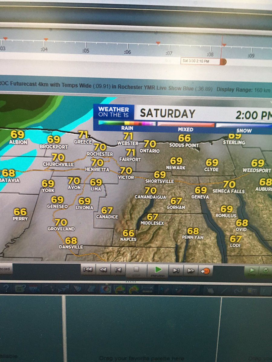 MikeGouldrick's tweet photo. So yesterday this model had steady rain and 36 in #ROC at 2pm. Today it has party sunny and 70 at 2pm !  Is it 5pm yet?   #meteorologyproblems #TGIF !!! https://t.co/6Ldm5iWQWb
