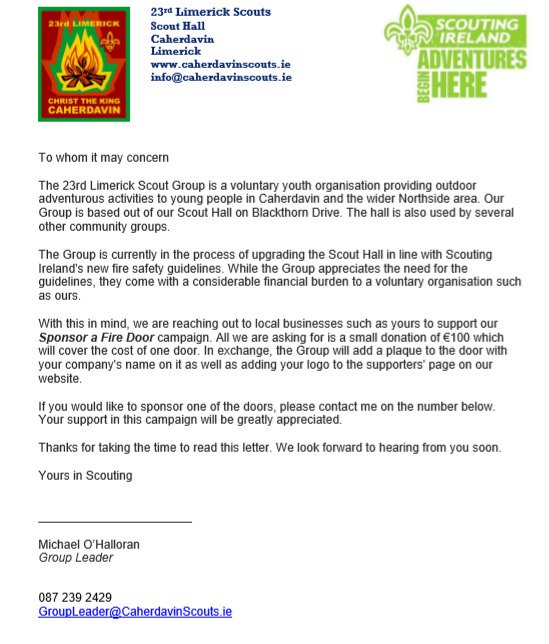 Another fundraiser for our scout group <a href="/23rdScout/">23rd Limerick Scout</a> Caherdavin.  Really need as much support as we can get for urgentt refurbishment work on our hall. <a href="/NapGAA/">Na Piarsaigh GAA</a> <a href="/nap_mikeb/">Mike Broderick</a> <a href="/m_casey95/">Michael Casey</a> <a href="/P_Casey317/">Peter Casey</a> <a href="/dowlerznap/">Shane Dowling</a> <a href="/BarNaPiarsaigh1/">Bar@NaPiarsaigh</a> <a href="/o_barrynap/">Barry O Regan</a> <a href="/bazkennedy/">Barry Kennedy</a>