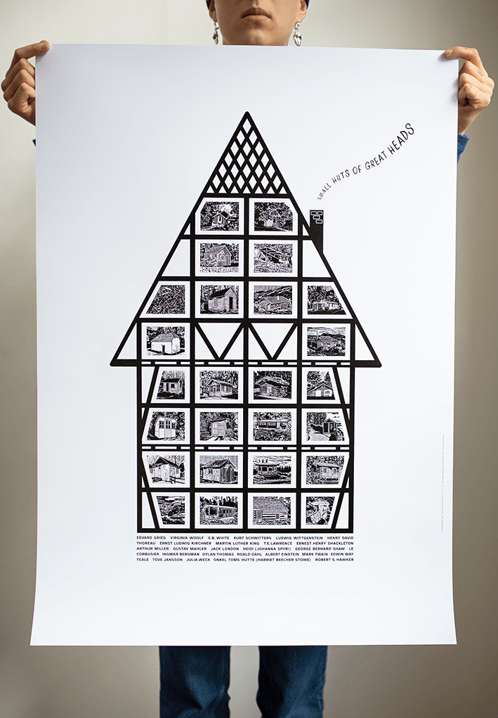 Julia_Weck's tweet photo. SMALL HUTS OF GREAT HEADS – Artist Poster by Julia Weck with all the motifs of original linocuts from the series of artists, writers, composers and thinkers huts
#linocut
#writing_hut
Poster is available at https://t.co/ZzQhqwdCb9 
Shipping worldwide https://t.co/sY6ceMBfGj