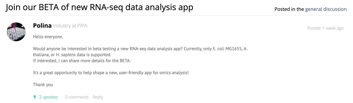 Any early-adopters interested in testing out a new user-friendly beta version of an #RNAseq omics analysis app? Get more information and sign up at labworm.com/discussions/jo…       <a href="/RNASeqBlog/">RNA-Seq Blog</a> #RNA #Bioinformatics