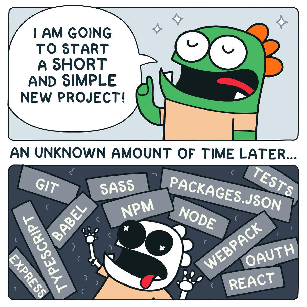 Comic with two panes, first a protagonist eagerly declaring they will start a short simple project, second an unknown time later the protagonist is overwhelmed by a plethora of tools, frameworks, technologies