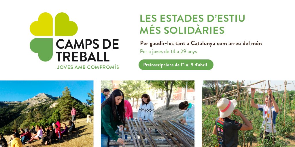 joventutcat's tweet photo. 🙋‍♀️🙋‍♂️ El proper dilluns 1 d'abril a les 12h del migdia s'obren les preinscripcions als #campsdetreball 2019. Estades per a joves amb compromís de 14 a 29 anys a Catalunya, alters comunitats autònomes i diversos països europeus.
Tota la info aquí: 👇https://t.co/P3gn6tkYdU
#jovecat https://t.co/oO0OyI8h23