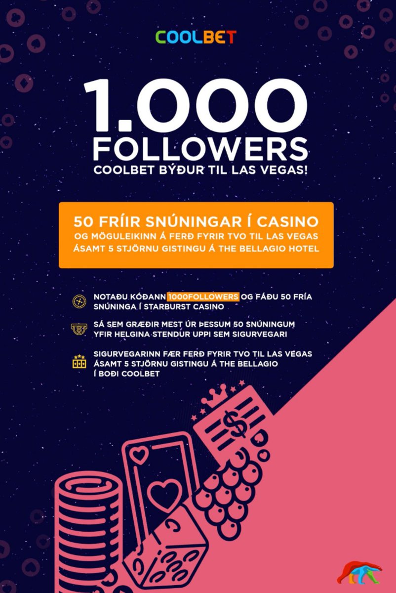 Við erum komnir með 1000 followers og af því tilefni erum við að gefa lúxusferð til Vegas fyrir 2! Þú færð 50 FRÍA snúninga og til að vinna þarftu einfaldlega að græða mest úr þessum snúningum yfir helgina. Einn heppinn sem RT þessu innleggi fær jafnframt 1000 evrur á Coolbet🤑