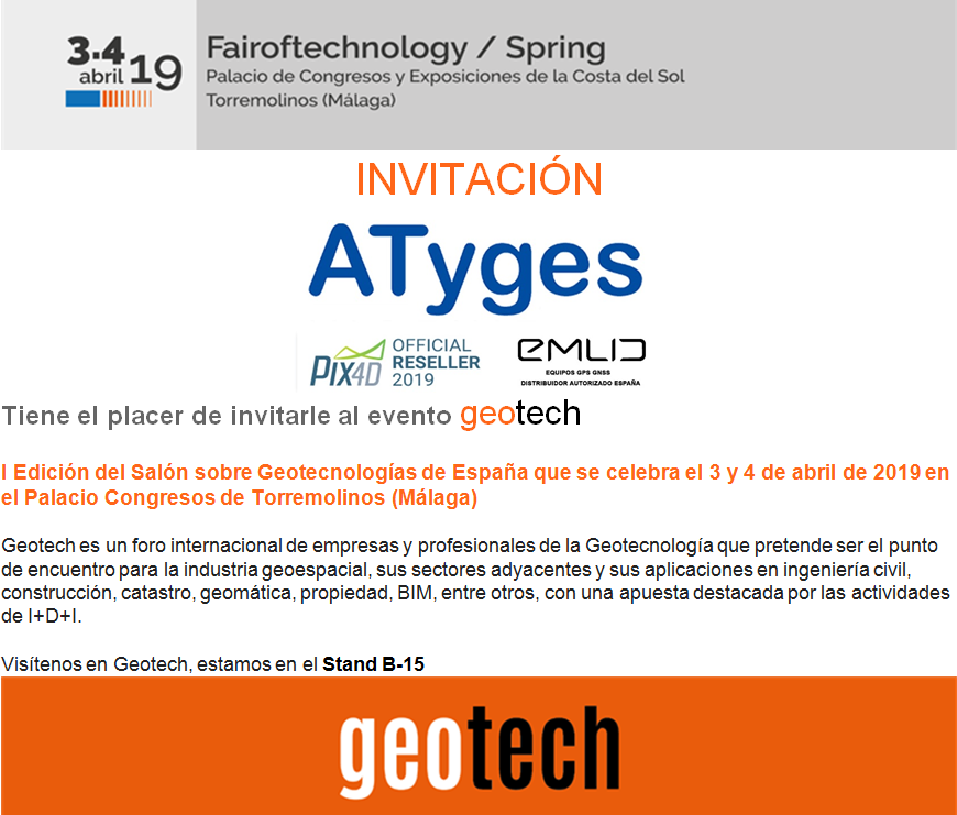 ATYGES's tweet photo. Nos vemos en @geotech_fair durante los días 3 y 4 de Abril, feria de Drones y Geomática. Ven y pruebas los sistemas GPS topográficos de @EMLID, las novedades de PIX4D y nuestra herramienta de postproceso PPK para el Phantom 4 RTK. @drones_rpas https://t.co/7De8mXqrUg