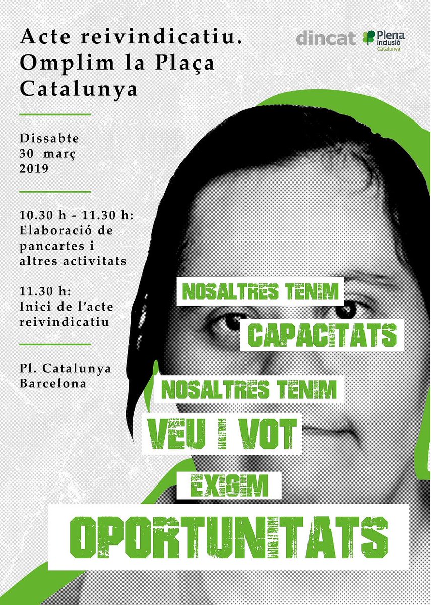 ⏳NOMÉS FALTA 1 DIA per a la gran mobilització.

Persones amb discapacitat intel·lectual, famílies i entitats omplirem Plaça Catalunya exigint IGUALTAT D'OPORTUNITATS I EQUITAT.

 📆 Dissabte 30 de març
 ⏰ 10,30 h 
 📌 Plaça Catalunya (Barcelona)

T’hi esperem.
📣Màxima difusió!