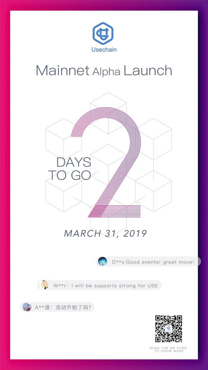 usechain's tweet photo. #Usechain Mainnet (alpha) Launch Countdown π£ π£ π£
2 Days to Kick Off π π π
We are sorry to inform you that the scheduled Mainnet Quartet Program will delay a few days for some reasons, it will be on early April. Sincerely apologize!
#blockchain #cryptocurrency #Mainnet https://t.co/h9m5Aa50CE