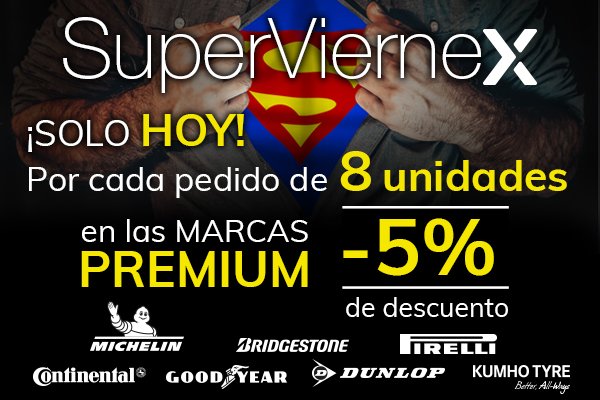 NexTyresES's tweet photo. Solo hoy, ¡¡aprovéchate de un 5% de descuento en marcas PREMIUM por pedidos de 8 o más unidades 😱😱!!! Encuentra las condiciones de la promo en el B2B de NEX. https://t.co/k4AnqlQZ65