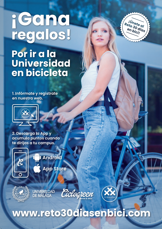 ¡Tus kilómetros sostenibles tienen premio en la UMA! Regístrate en el Reto 30 días en bici al campus, acumula 30 km desplazándote en bicicleta entre el 1 y el 30 de abril y podrás llevarte fantásticos regalos.  
@SmartCampusUMA
