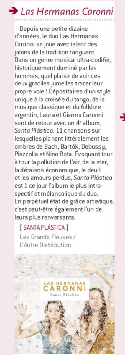 Chronique de notre album Santa Plástica dans  <a href="/QueTalParis/">QueTalParis</a>!
Prochain concert à #Paris ce lundi 1er avril en première partie de <a href="/LeTrioJoubran/">Le Trio Joubran</a> à la <a href="/sallepleyel/">Salle Pleyel</a> 
#lashermanascaronni #santaplastica #paris #sallepleyel #qtp #musique