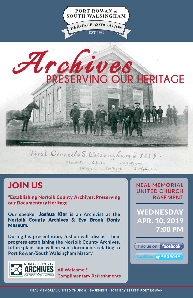 PRSWHA's tweet photo. LET'S KEEP HISTORY ALIVE! Do you want to find out how our Norfolk Heritage is preserved?

Archivist @jshklr from @evabrookdonly will be our Guest Speaker at our next @PRSWHA meeting at the #NealMemorialUnitedChurch, 1054 Bay St, #PortRowan
Members: Free | Non-Members: $5 https://t.co/EYjSmCLu6r