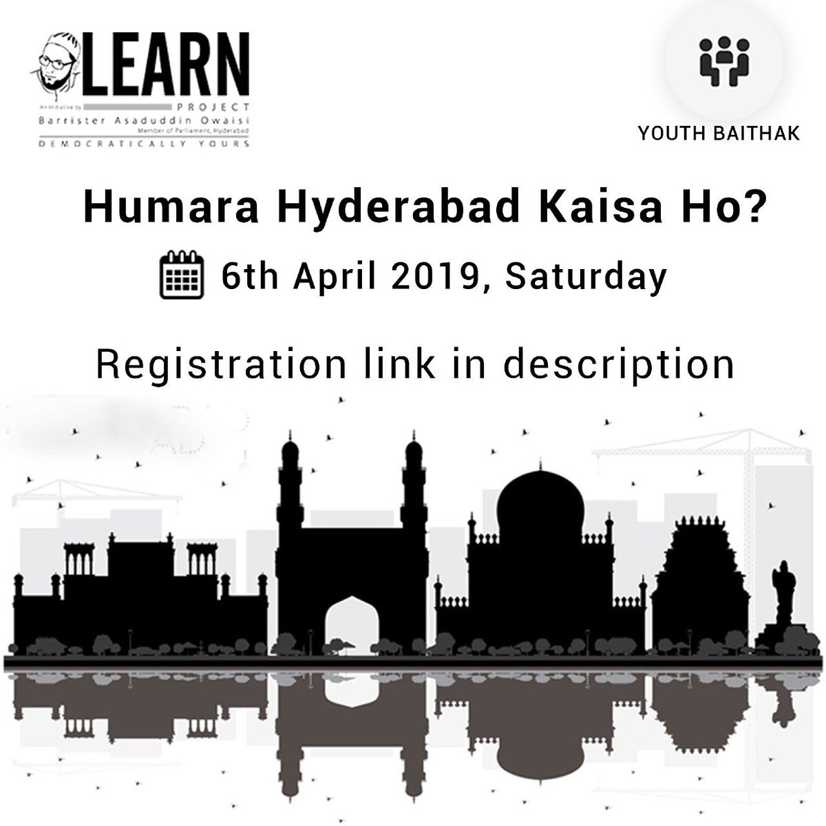 learnproject_in's tweet photo. Agle Youth Baithak ki taareekh note kar lein: 6th April 2019
Jald hi yahaan (https://t.co/cxqf9irhTs) register karein!
Aaieye ek behtar Hyderabad ke baarey mey charchaa karein!
#LEARNProject #LEARNWithAsad #LEARNerBaithak #DemocraticallyYours https://t.co/3Ap0C2sNKV