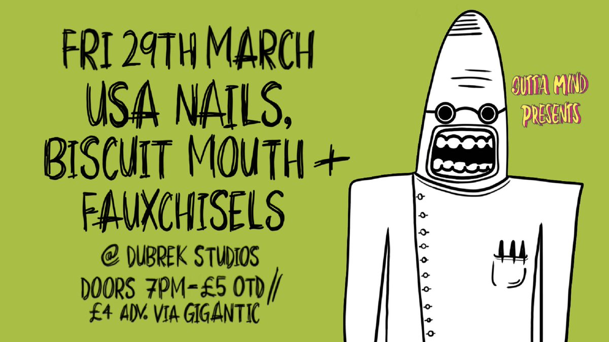 It's finally here! TONIGHT at Dubrek Studios..
@USA_NAILS_band - Super gnarly noise-rock delivered with a punk snarl.
@Biscuitmouth - Noise driven guitar riffs, pounding low end bass, eccentric drumming w/amazing, howling vocals
@FauxChisels - Potent post-punk with a poetic bent