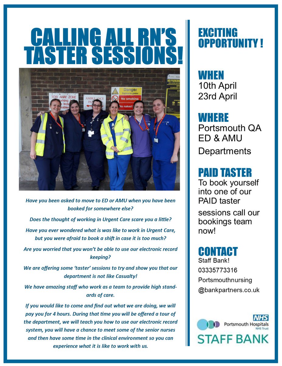 phtstaffbank's tweet photo. Ever been asked to move to the ED or AMU when arriving for a shift and been scared by the prospect? 

Or have you ever wondered what it WOULD be like to work there, but never asked or tried?

Then look no further, we are calling all RN's to come along to our taster sessions! https://t.co/7jEKtoT55W