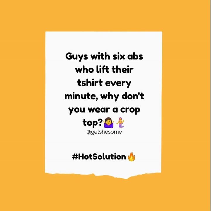 Seriously what a solution 😂😂 Ladko Ko try karna chahiye! 

#girlvsboy #croptop #sixpack #sixpackabsindia #fitnessgirl #solution #yellowmellow #orangeday #fridayfunday #sheisawesome #sheisreal #sheismean #sheislove #sheispowerful #shesome #getshesome