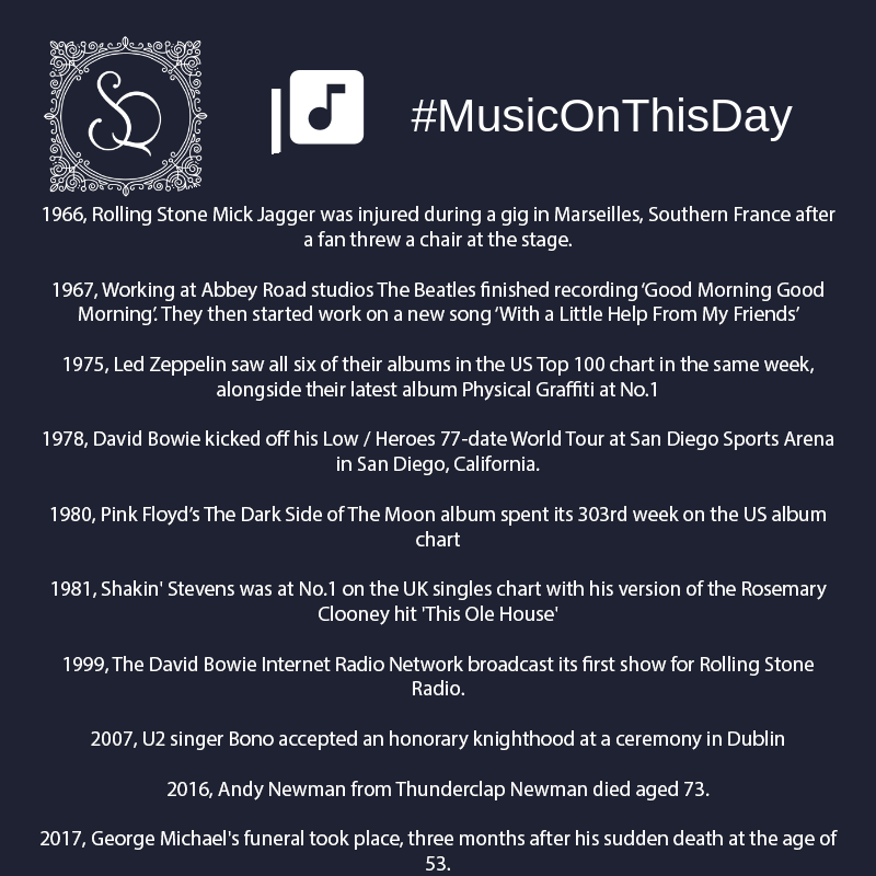 SuniQuarter's tweet photo. #MusicOnThisDay March 29th #MickJagger #TheBeatles #LedZeppelin #Bowie #PinkFloyd #ShakinStevens #U2 #AndyNewman #GeorgeMichael https://t.co/wZdRWrjr6B