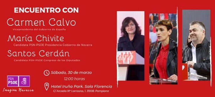 PedroRasconM's tweet photo. Mañana sábado a las 12.00, en el Hotel Iruña Park estaremos con @carmencalvo_ @mavichina y @santicl para hablar de feminismo e igualdad.
!Te esperamos!
#LaEspañaQueQuieres #ImaginaNavarra https://t.co/KOzylm85Q4