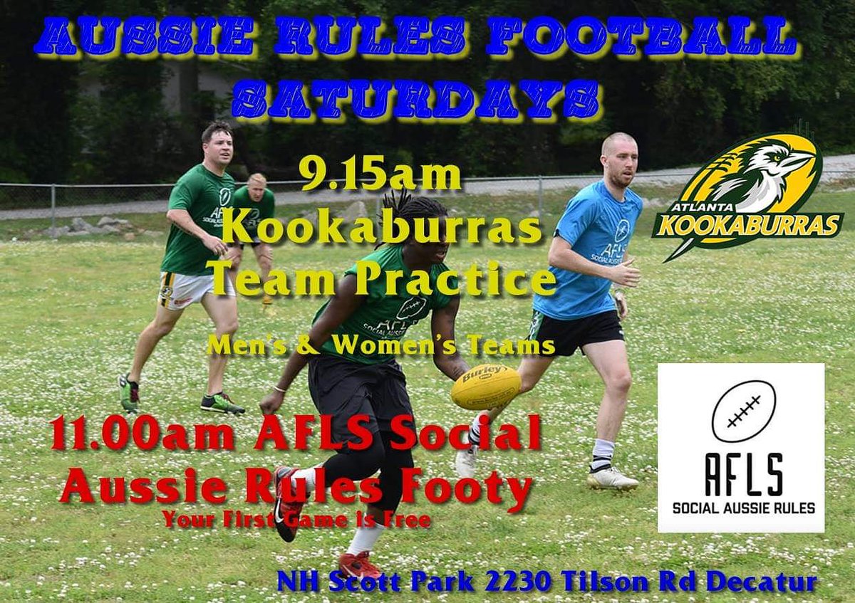 Saturdays are great days, 9.15am practice, 11.00am AFLS Social footy games, then food &amp; beer at the Midway Pub!! Come join us and bring a friend. #aussierules #playintheATL #ATLkookaburras #usafl #ATLteamsports