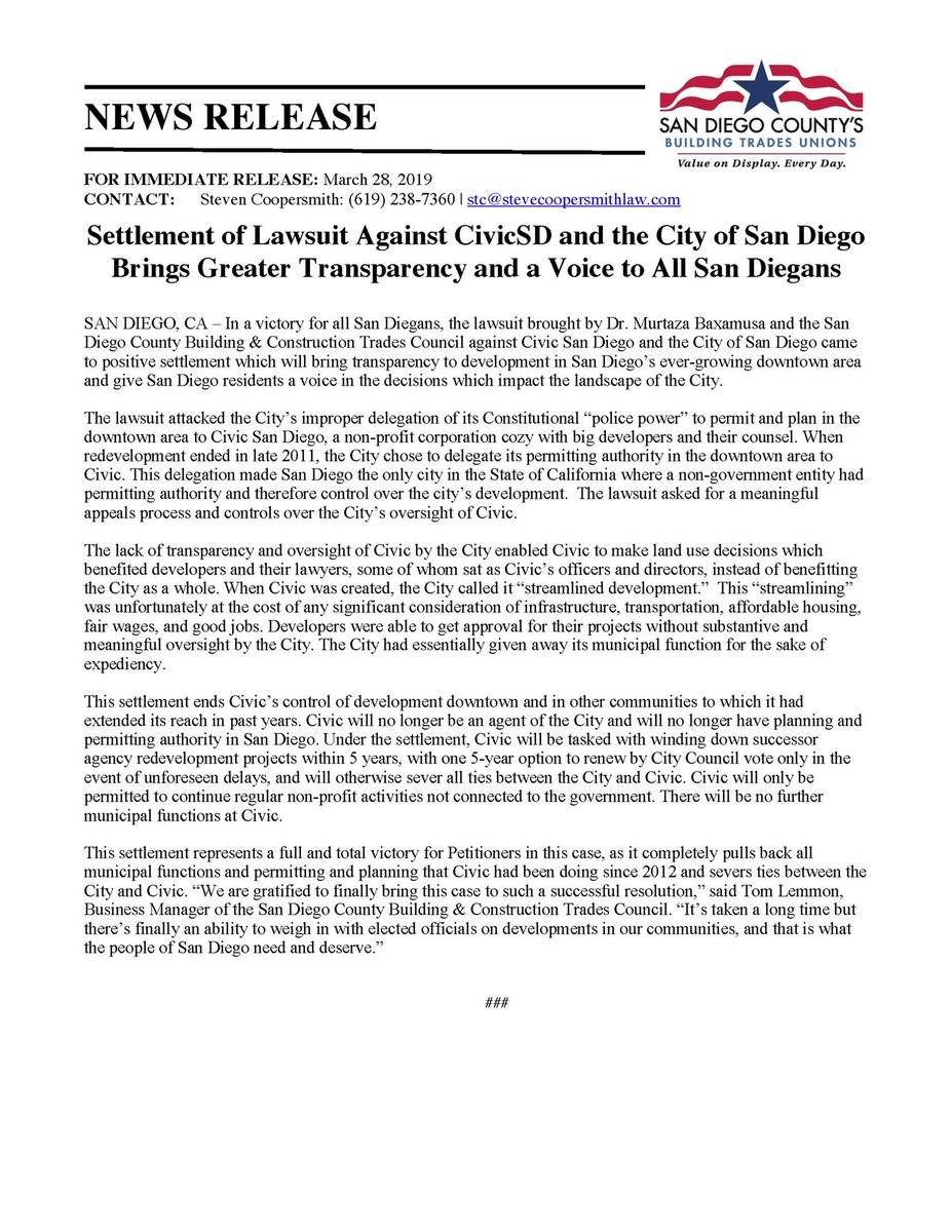 SD_BldgTrades's tweet image. We’re glad to announce the resolution of our lawsuit against @CivicSanDiego &amp;amp; @CityofSanDiego: “It’s taken a long time but there’s finally an ability to weigh in with elected officials on developments in our communities, &amp;amp; that is what the people of San Diego need and deserve.”