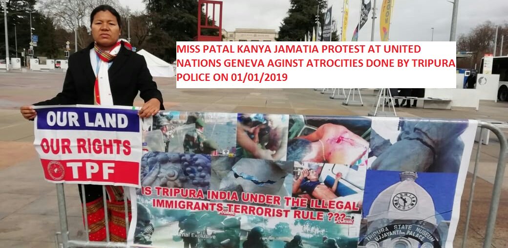 TPFOfficial2014's tweet photo. Miss @PatalJamatia Protest at #UnitedNations #genevaconventions against atrocities done by #TripuraPolice https://t.co/dZy5wIc7bm