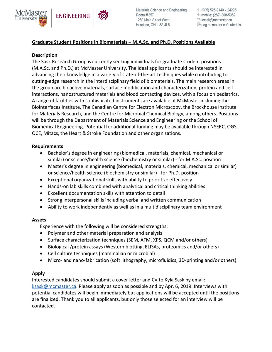 MSE_McMaster's tweet image. The Sask Research Group is currently seeking M.A.Sc and Ph.D. students! If interested check out the posting! #McMasterEngineering #MaterialsAtMac