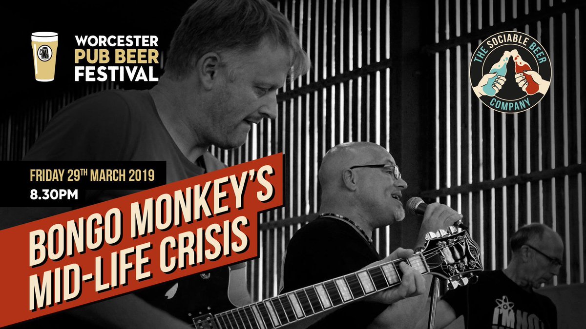First band to kick off the big weekend is Bongo Monkey's Mid-Life Crisis! 🐒
Playing a mix of bouncy originals and covers, ranging from pop and rock, to funk and soul.
Live at the brewery from 8.30PM tonight!

#fridayfeeling #worcesterpubbeerfestival #livemusic