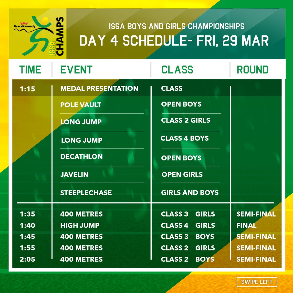 ISSASportsJA's tweet photo. Friday’s Schedule 🗓
Which event are you looking forward to most? 
#IssaSportsJa @gracefoods @westernunion @pumajamaica @iflycaribbean @television_jamaica #ConsumerBrands @maineventja https://t.co/iSUa4ew4bN