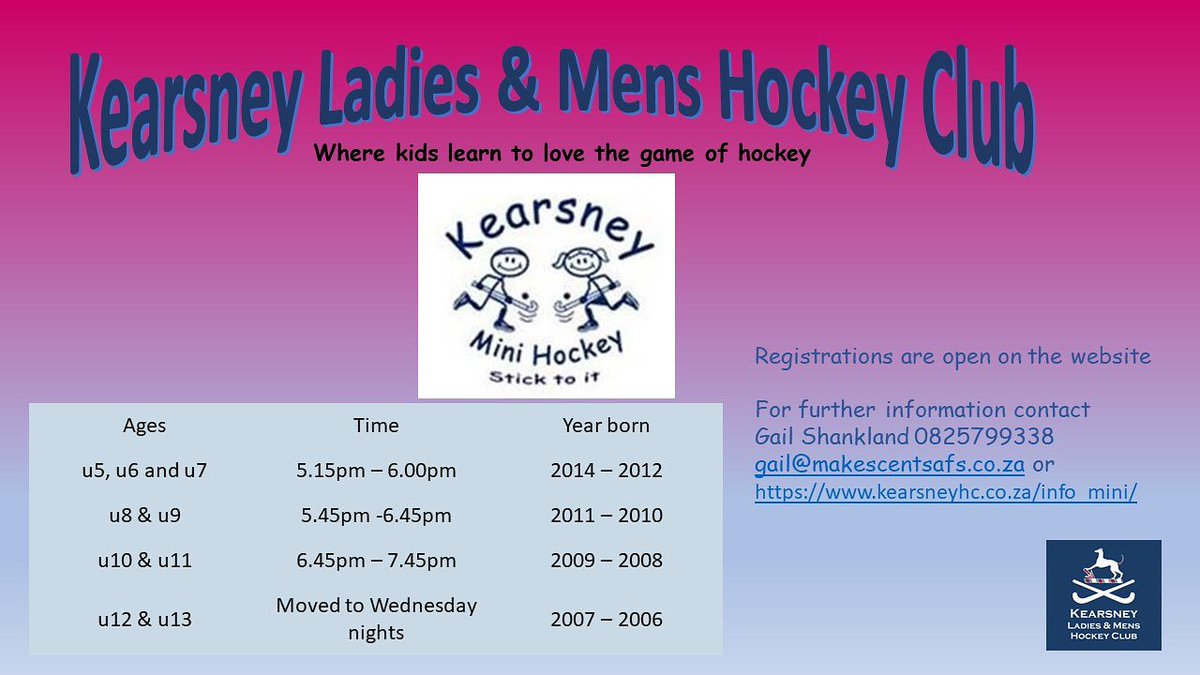The Kearsney Ladies and Mens Hockey Club are looking for new youth and junior players. Dates are now finalized, and we are looking for you 

For more information please contact Gail Shankland at 0825799338 or kearsneyhc.co.za/info_mini/

#juniorhockey #youthhockey #KearsneyHC #KLMHC