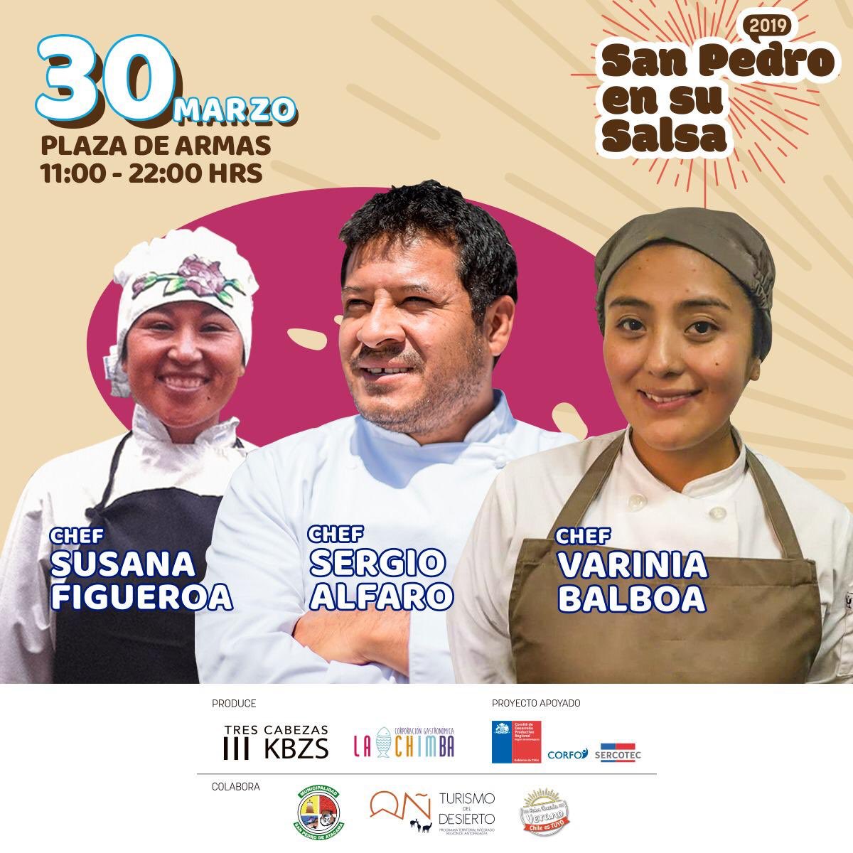 antofaensusalsa's tweet photo. Bienvenidos a #Sanpedroensusalsa a @sergio_alfaro_araya #VariniaBalboa y #SusanaFigueroa quienes nos entregarán sus conocimientos de Cocina Ancestral y Altiplánica . Los esperamos mañana Sábado 30 a partir de las 11:00 am en la Plaza de Armas #SanPedrodeAtacama #Antofagasta https://t.co/NGSvW8GIhl
