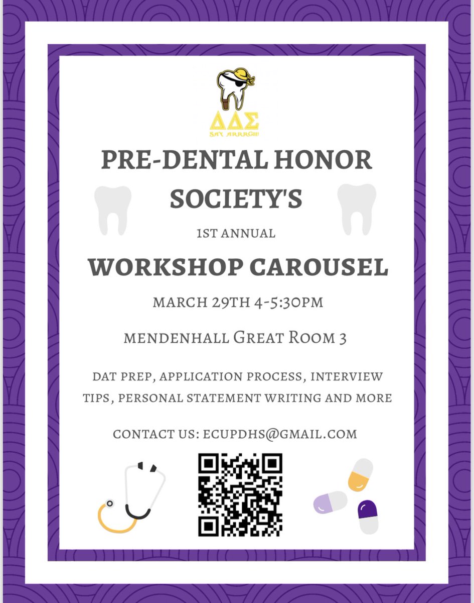 Hey Pre-Denta Pirates! The workshop carousel is this afternoon at 4 in Mendenhall! We’d love to see you all there 👋😋 #predentalpirates