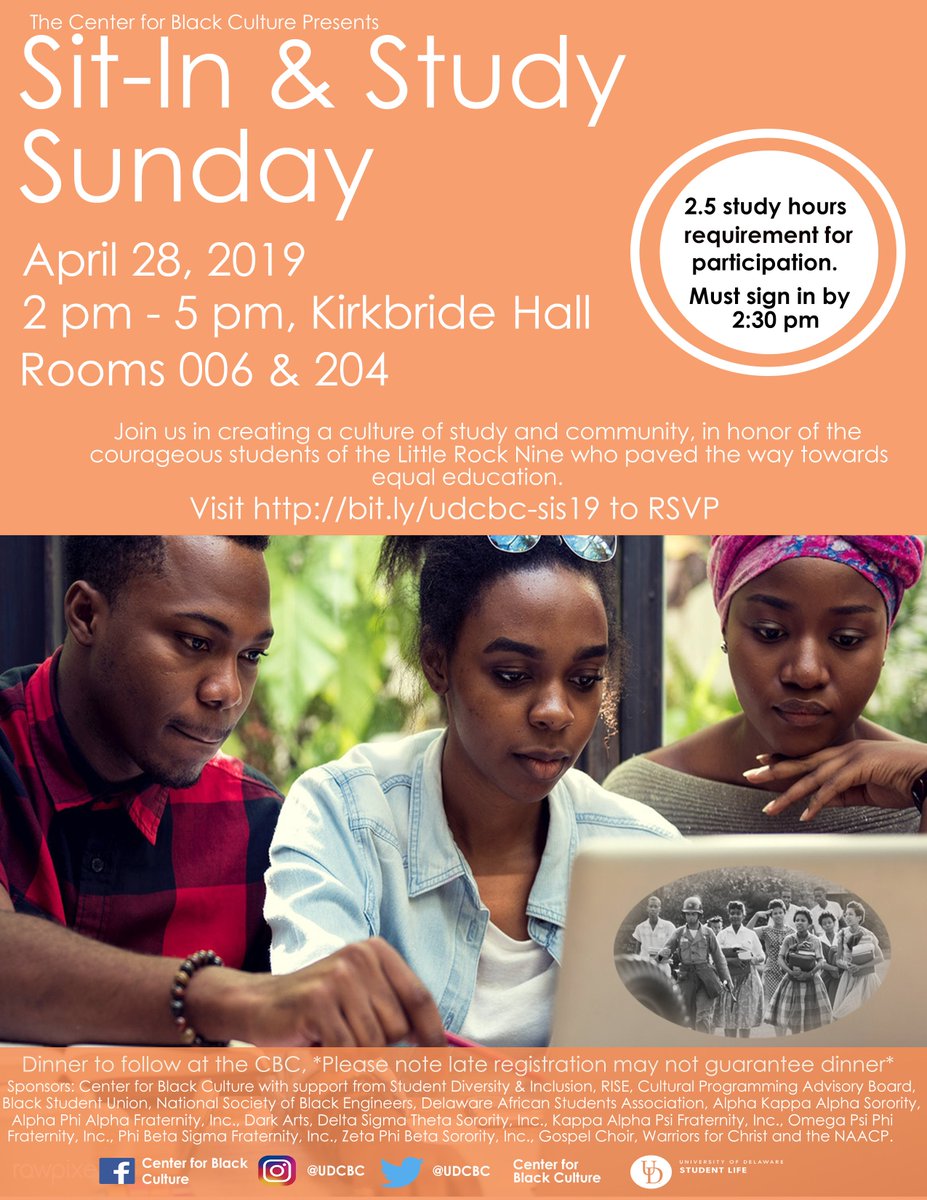 UDCBC's tweet image. In honor of the Little Rock Nine, the Sit-In &amp;amp; Study program seeks to improve the academic performance of Black &amp;amp; Latinx students through group &amp;amp; quiet study together. Dinner follows for students that pre-register. Join us on Sunday, April 28th at 2pm in Kirkbride Hall
