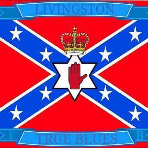 crimesofbrits's tweet image. A Loyalist flute band named “Livingston True Blues” has turned up at the Brexit protest outside Britain’s parliament. This particular band pays homage to the UFF (a terrorist group). Here’s their logo: a Confederate flag with the six county colony symbol imposed on it.