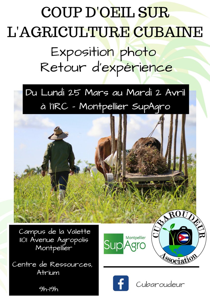 Allez jeter un coup d'oeil à l'expo photos sur l'agriculture cubaine organisée par les étudiants du Master Sciences et technologie de l'agriculture, de l'alimentation et de l'environnement à l'Institut des régions chaudes bit.ly/2UeJ5xU