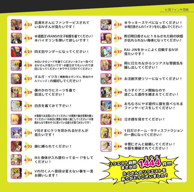 もうすぐⅣ月!今年もやります。
ただし体力と時間的におそらく毎日は無理なのでⅣカ月かけて44枚描く方針です(多分)
↑ここからⅣへのリクエストを送ってね!
(画像は過去のもの)…