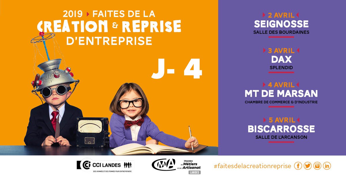 🤓💼 #faitesdelacreationreprise J-4 / 4 raisons de simplifier votre vie d'#entrepreneur :
1️⃣ 40 experts en 1 seul lieu
2️⃣ les conseils de la CMA des Landes et de la <a href="/CCI40/">CCI des Landes</a> 
3️⃣ la rencontre avec d'autres entrepreneurs
4️⃣ la création de votre 1er réseau pro