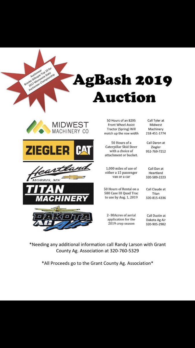 GrantCoAgbash's tweet photo. A few local businesses donated hours, acres and miles and those are up for auction at Agbash tomorrow night! Whether you need a van for a trip or need a skidloader for the honey do list there is something for everyone at Agbash 2019! A big thank you to everyone for your support! https://t.co/mJgaQa0IU8