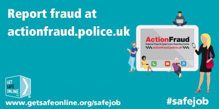 HP_Cyber's tweet photo. If you think you’ve been a victim of employment or any other fraud, report it to @actionfrauduk at https://t.co/F8mOB0uW2j or by calling 0300 123 2040. If you’re in Scotland, call Police Scotland on 101 #safejob https://t.co/euumybEzeb https://t.co/tiGJEEO5HX