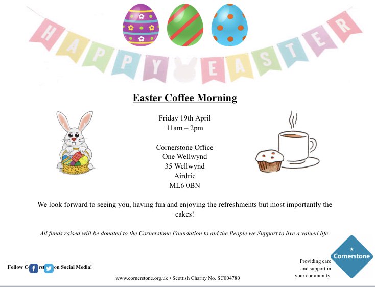 Why not pop along to our Easter Coffee Morning on Friday 19th April at our Airdrie office 🐣🐰